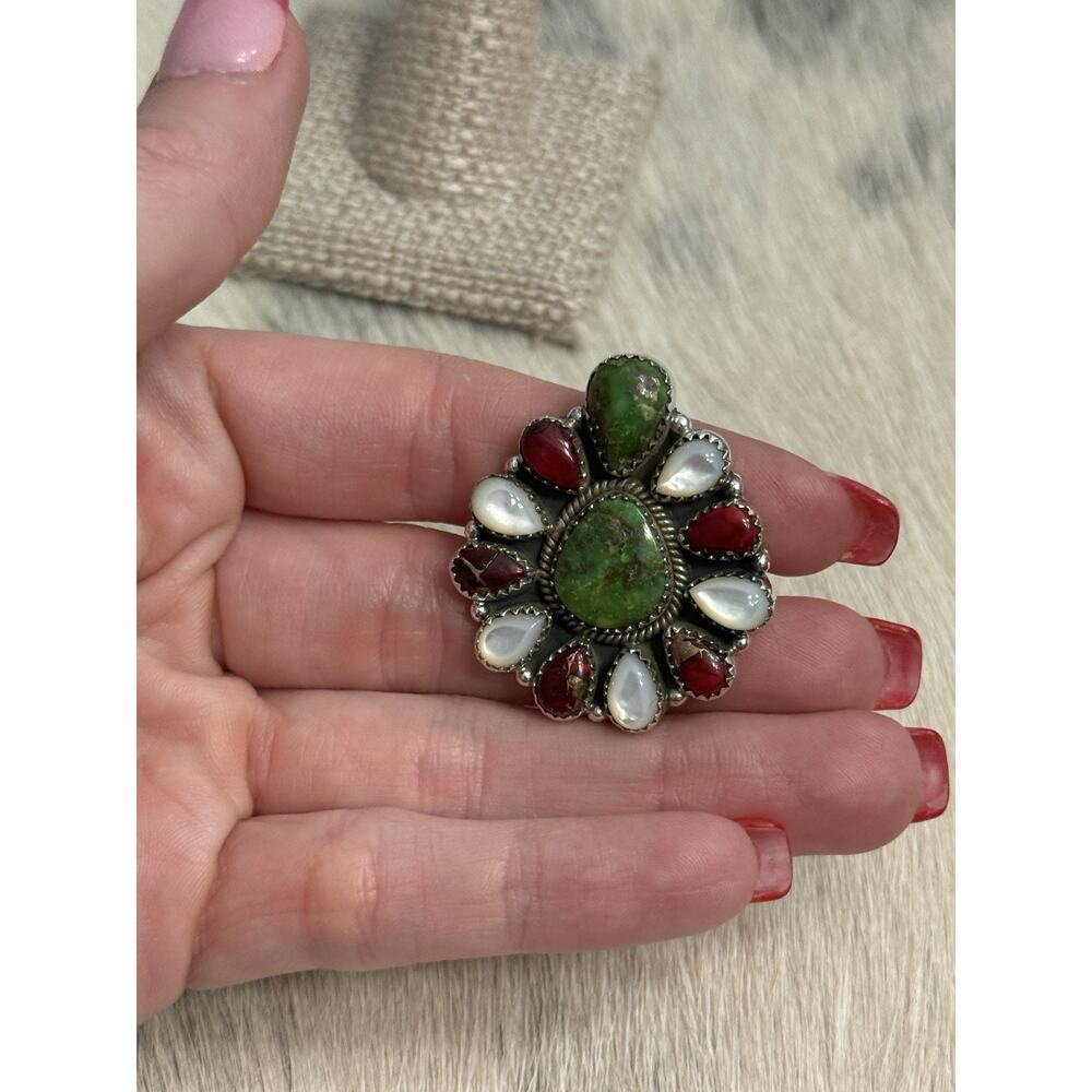 Sterling Silver Sonoran Gold Turquoise Red Dahlia MOP Huge Cluster Ring Adjust - Picture 12 of 14